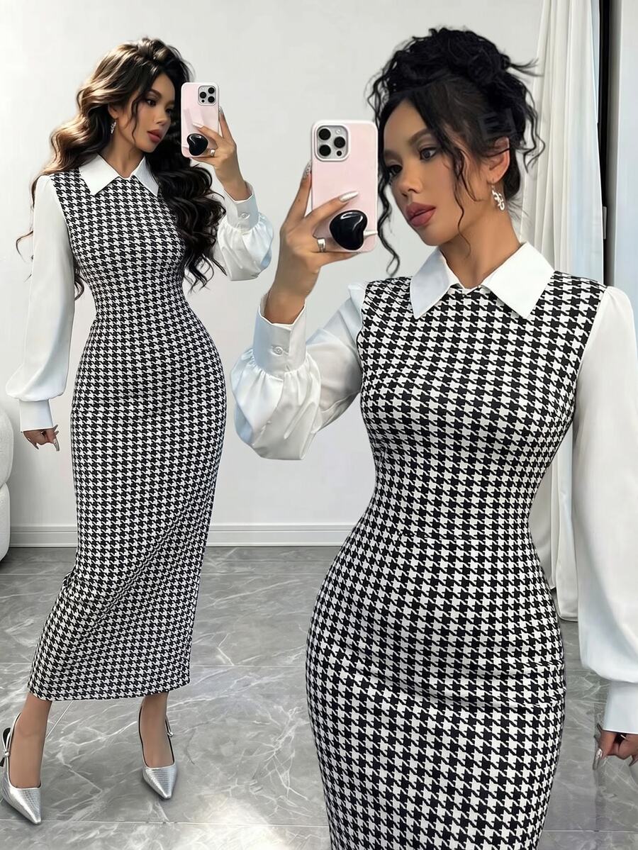 Elenzga Elegant Black And White Houndstooth Pattern Slim Patchwork Puff Sleeve Collar Maxi Dress,Fall Winter Women Office Fall Outfit Fashionable Long Dress - Black - View 1