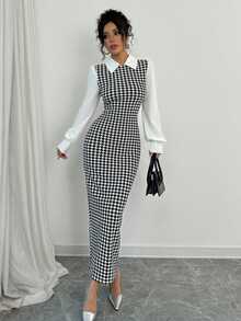 Elenzga Elegant Black And White Houndstooth Pattern Slim Patchwork Puff Sleeve Collar Maxi Dress,Fall Winter Women Office Fall Outfit Fashionable Long Dress - Black - View 6