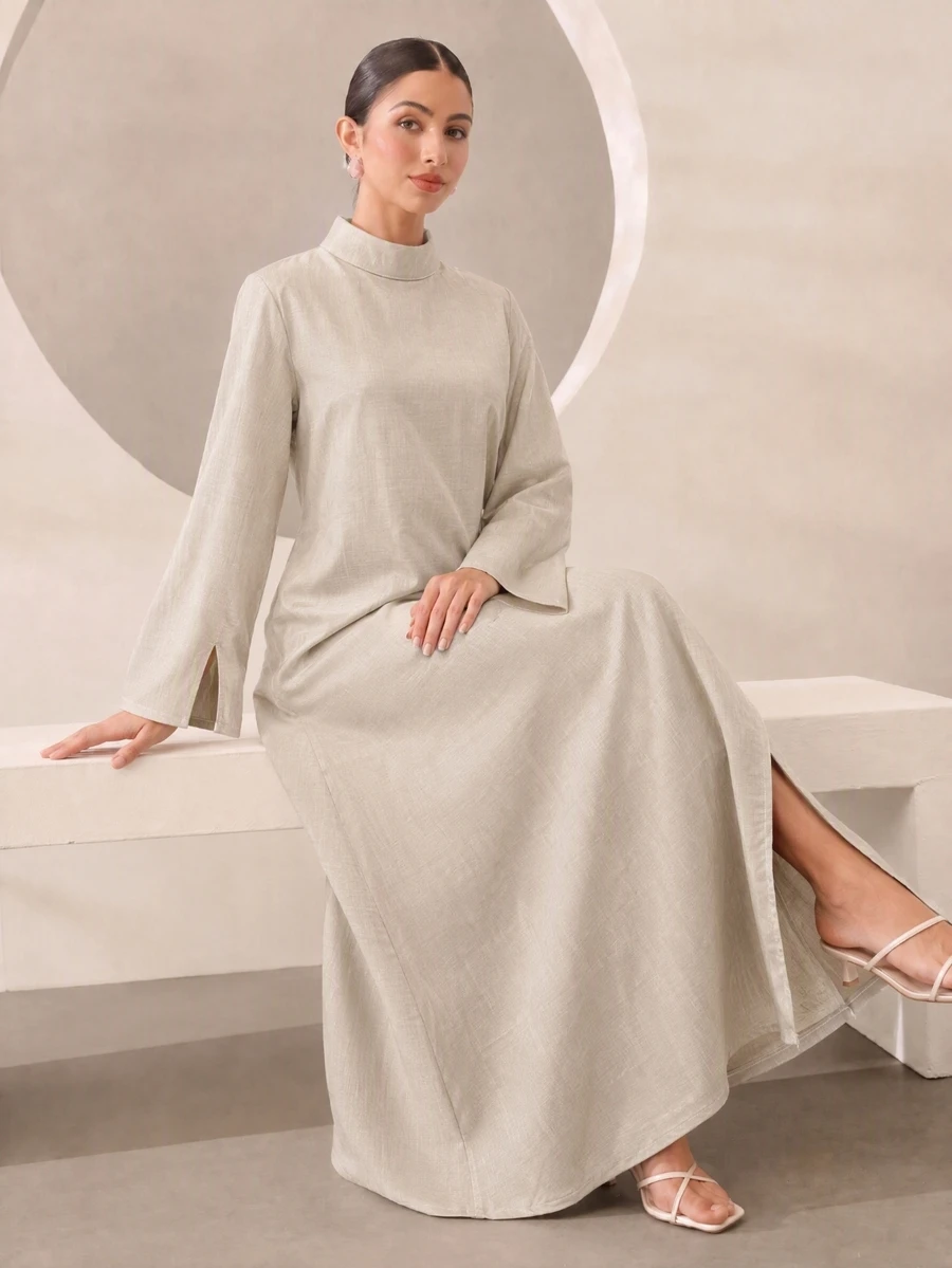 Al Najma Women's Long Elegant Casual Daily Robe With Waist Cinched And Split Hem - Apricot - View 1