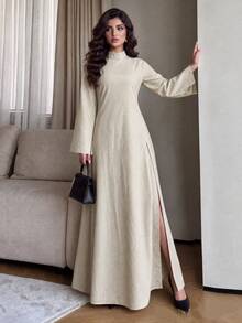 Al Najma Women's Long Elegant Casual Daily Robe With Waist Cinched And Split Hem - Apricot - View 5
