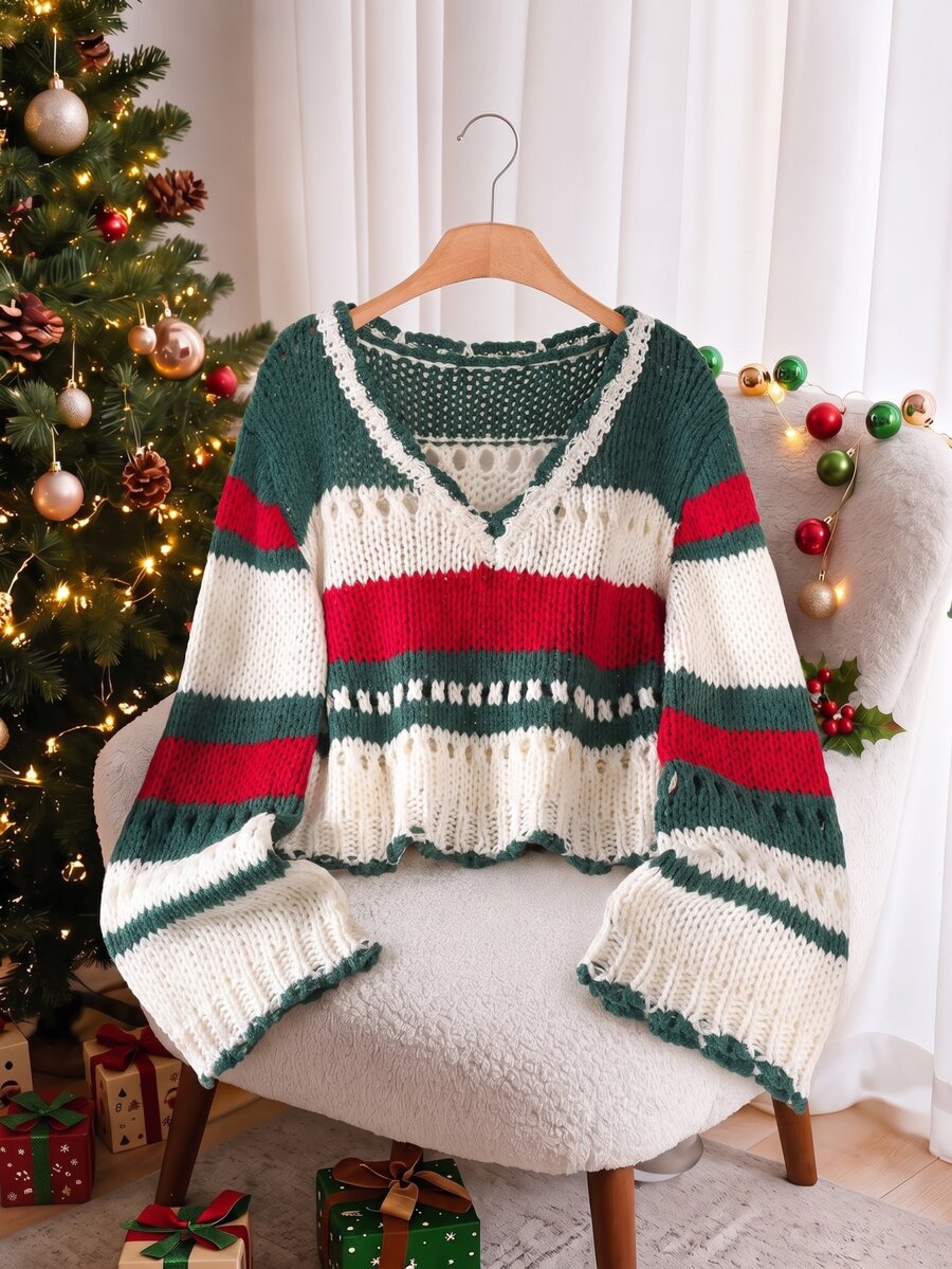 CosyJoli Plus Size Colorblock White Hollow Knit Sweater Fall Family Matching Vacation 1960s Casual Christmas