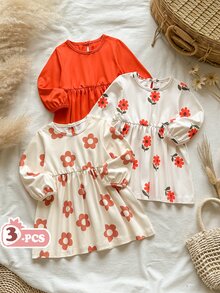 SHEIN Vintaside Kids 3件組女嬰復古大花朵印花長袖洋裝，雛菊滿版印花高腰鬆緊抓褶甜美公主裙 - 橘色 - 查看 3
