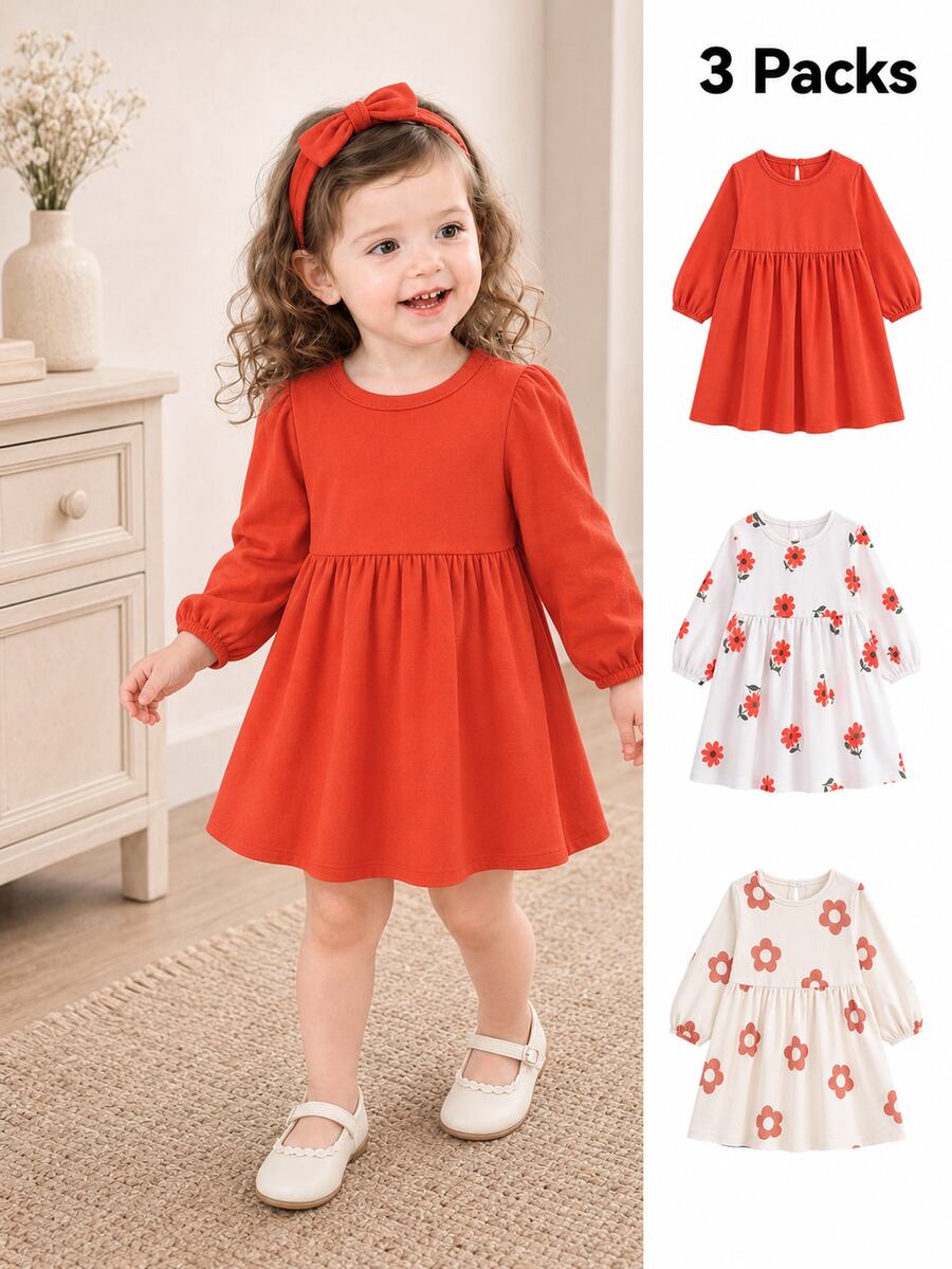 SHEIN Vintaside Kids 3件組女嬰復古大花朵印花長袖洋裝,雛菊滿版印花高腰鬆緊抓褶甜美公主裙 - 橘色 - 查看 1
