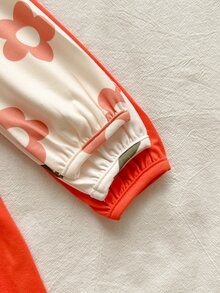 SHEIN Vintaside Kids 3件組女嬰復古大花朵印花長袖洋裝，雛菊滿版印花高腰鬆緊抓褶甜美公主裙 - 橘色 - 查看 6