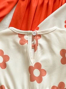 SHEIN Vintaside Kids 3件組女嬰復古大花朵印花長袖洋裝，雛菊滿版印花高腰鬆緊抓褶甜美公主裙 - 橘色 - 查看 7