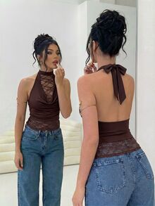 Firerie Draped Neck Tie Back Open Back Lace Patchwork Maillard Color Fitted Sleeveless Tank Top For Women - Brown - View 3