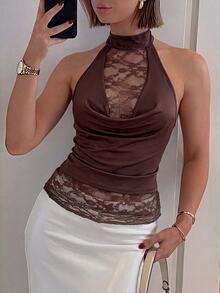 Firerie Draped Neck Tie Back Open Back Lace Patchwork Maillard Color Fitted Sleeveless Tank Top For Women - Brown - View 6