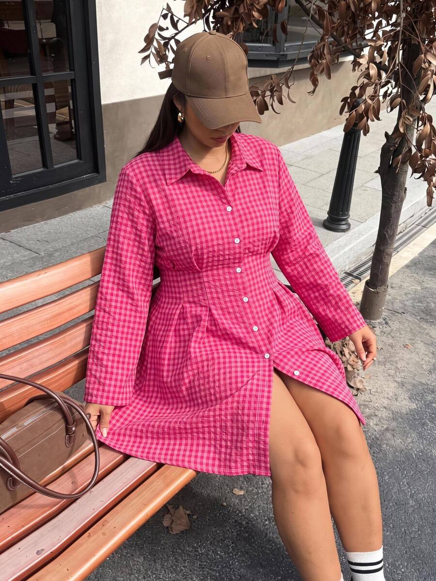 Muchica Plus Size Women's Plaid Pleated Casual Everyday Summer Dress - Hot Pink - View 1