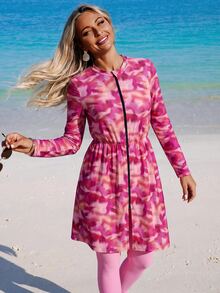 Swim Mulvari Women's Pink And Orange Pink Porcelain Print Burkini 2 Pieces Set With Zip-Up Cover-Up, Beach Active Swim, Vacation Summer Modest - Pink - View 9