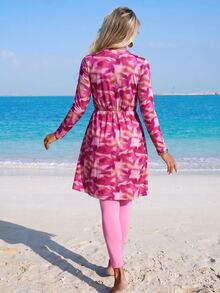 Swim Mulvari Women's Pink And Orange Pink Porcelain Print Burkini 2 Pieces Set With Zip-Up Cover-Up, Beach Active Swim, Vacation Summer Modest - Pink - View 10