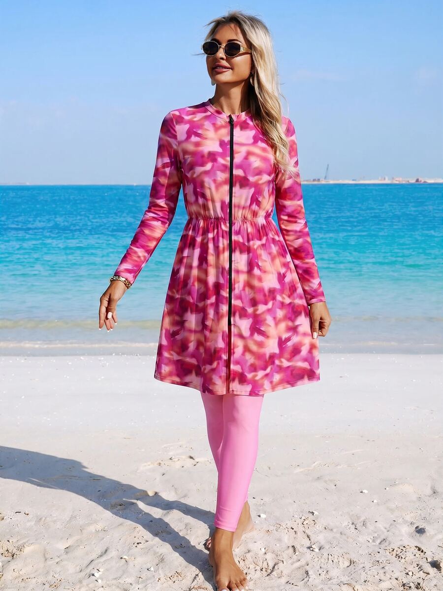 Swim Mulvari Women's Pink And Orange Pink Porcelain Print Burkini 2 Pieces Set With Zip-Up Cover-Up, Beach Active Swim, Vacation Summer Modest - Pink - View 1
