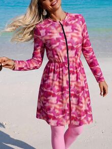 Swim Mulvari Women's Pink And Orange Pink Porcelain Print Burkini 2 Pieces Set With Zip-Up Cover-Up, Beach Active Swim, Vacation Summer Modest - Pink - View 5