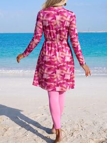 Swim Mulvari Women's Pink And Orange Pink Porcelain Print Burkini 2 Pieces Set With Zip-Up Cover-Up, Beach Active Swim, Vacation Summer Modest - Pink - View 2