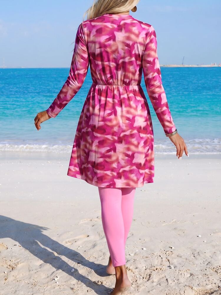 Swim Mulvari 女款粉色與橘粉色瓷器印花布基尼兩件套，附拉鍊式罩衫，海灘運動泳裝，度假夏季保守款 - 粉色 - 查看 2