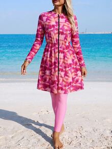 Swim Mulvari Women's Pink And Orange Pink Porcelain Print Burkini 2 Pieces Set With Zip-Up Cover-Up, Beach Active Swim, Vacation Summer Modest - Pink - View 3