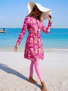 Swim Mulvari Women's Pink And Orange Pink Porcelain Print Burkini 2 Pieces Set With Zip-Up Cover-Up, Beach Active Swim, Vacation Summer Modest - Pink - View 8