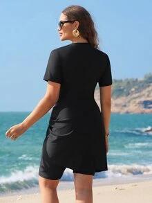 SHEIN Swim 2026 大码中东风无袖连体泳衣短裤沙滩度假泳装女款，夏季 - 黑色 - 查看 2