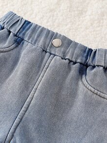 SHEIN 女嬰女童冬季保暖內裡時尚百搭休閒直筒長褲，適合寒冷天氣戶外旅行度假或日常休閒公園散步 - 藍色 - 查看 4