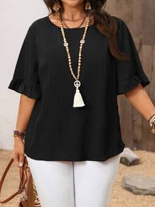 Rusticease Plus Size Blouse Leaf Hem Short Sleeves Simple Fashion Casual Everyday Vacation Western Wear Women Summer For Women Beach Ruffle - Black - View 3