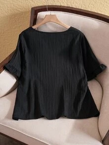 Rusticease Plus Size Blouse Leaf Hem Short Sleeves Simple Fashion Casual Everyday Vacation Western Wear Women Summer For Women Beach Ruffle - Black - View 7