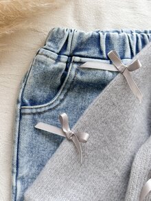 SHEIN Baby Girls Cute 2 Pieces Set, Bow-Decorated Button Knit Cardigan With Washed Denim Flare Pants, Fashion Casual Autumn Outfit - Multicolor - View 4