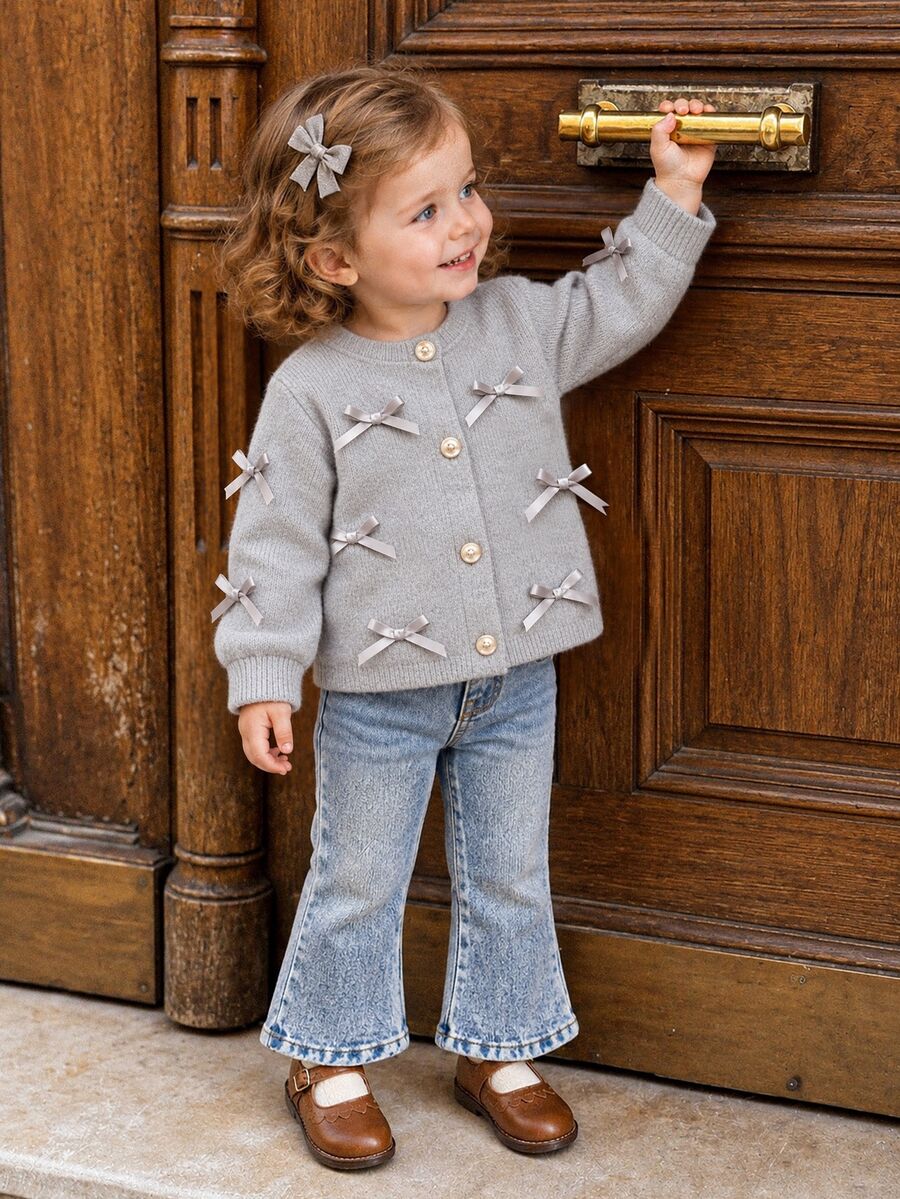 SHEIN Baby Girls Cute 2 Pieces Set, Bow-Decorated Button Knit Cardigan With Washed Denim Flare Pants, Fashion Casual Autumn Outfit - Multicolor - View 1