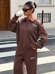 Muchica 女款時尚新款棕色保暖內裡字母刺繡POLO領休閒寬鬆運動衫套裝，適合外出、街頭穿搭，2026秋冬 - 棕色 - 查看 4