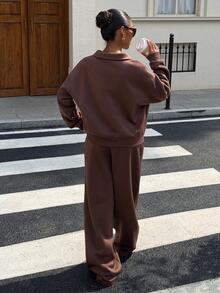 Muchica 女款時尚新款棕色保暖內裡字母刺繡POLO領休閒寬鬆運動衫套裝，適合外出、街頭穿搭，2026秋冬 - 棕色 - 查看 2