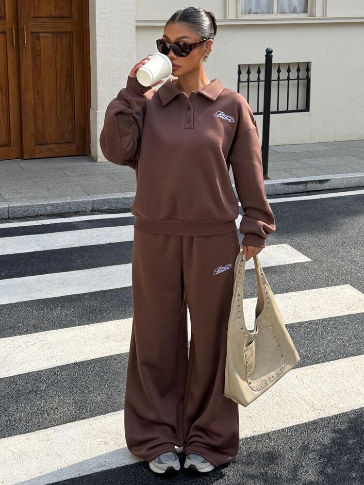 Muchica Women's Fashion New Brown Thermal-Lined Letter Embroidered POLO Collar Casual Loose Sweatshirt Set For Going Out, Streetwear, Fall Winter 2026 - Brown - View 6