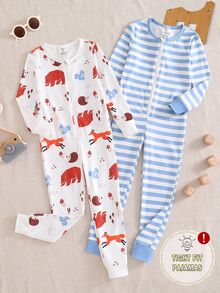 SHEIN Young Boy Animal Print Striped Fall Autumn/Winter Jumpsuit Snug Fit Pajamas Long Sleeve Crew Neck Knit Cartoon Zipper Pants 2pcs Soft Cozy Cute Gift - Multicolor - View 2