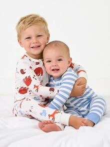 SHEIN Young Boy Animal Print Striped Fall Autumn/Winter Jumpsuit Snug Fit Pajamas Long Sleeve Crew Neck Knit Cartoon Zipper Pants 2pcs Soft Cozy Cute Gift - Multicolor - View 9