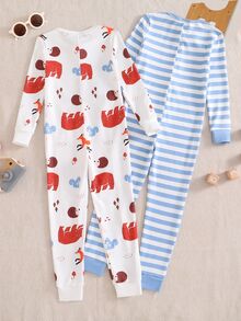 SHEIN Young Boy Animal Print Striped Fall Autumn/Winter Jumpsuit Snug Fit Pajamas Long Sleeve Crew Neck Knit Cartoon Zipper Pants 2pcs Soft Cozy Cute Gift - Multicolor - View 3