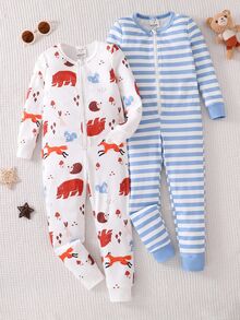 SHEIN Young Boy Animal Print Striped Fall Autumn/Winter Jumpsuit Snug Fit Pajamas Long Sleeve Crew Neck Knit Cartoon Zipper Pants 2pcs Soft Cozy Cute Gift - Multicolor - View 4