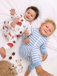 SHEIN Young Boy Animal Print Striped Fall Autumn/Winter Jumpsuit Snug Fit Pajamas Long Sleeve Crew Neck Knit Cartoon Zipper Pants 2pcs Soft Cozy Cute Gift - Multicolor - View 8
