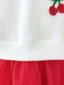 SHEIN Vintaside Kids 女童長袖針織 2 合 1 透視網紗洋裝，嬰兒女童 3D 櫻桃貼花刺繡圓領洋裝，秋冬新款休閒可愛公主裙，適合生日派對、節日、家庭聚會，小女孩時尚童裝，柔軟親膚度假休閒穿搭 - 紅色 - 查看 6