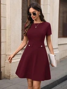 Medorina Women's Elegant Solid Color Waist Cinched Short Dress, Summer Burgundy Dress For Women Elegant Dress - Red - View 4