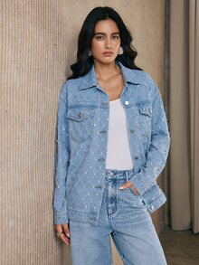 Anewsta Women's New Fashion Heavy Jacquard Fabric Rhinestone Blue Jeans Jacket - Blue - View 3
