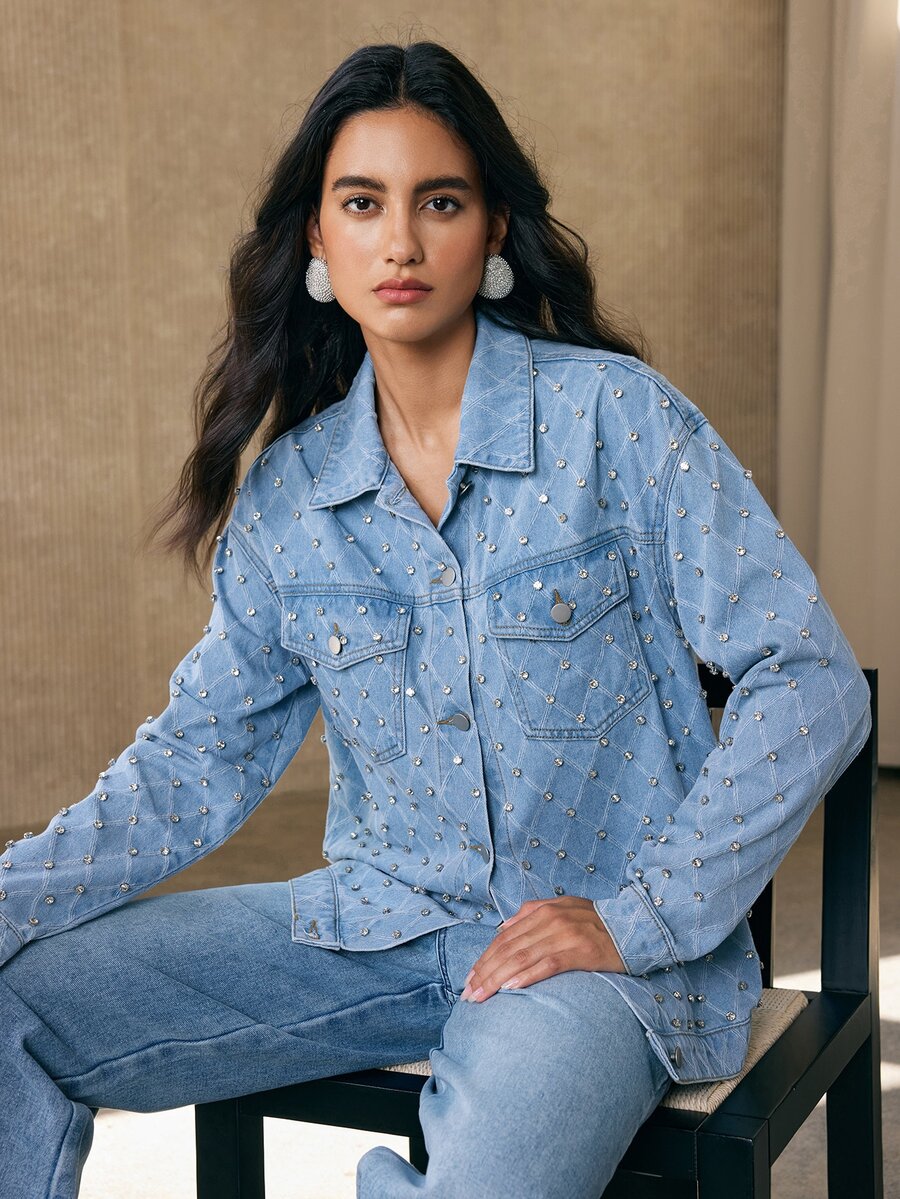Anewsta Women's New Fashion Heavy Jacquard Fabric Rhinestone Blue Jeans Jacket - Blue - View 1