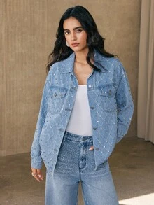 Anewsta Women's New Fashion Heavy Jacquard Fabric Rhinestone Blue Jeans Jacket - Blue - View 6