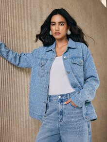 Anewsta Women's New Fashion Heavy Jacquard Fabric Rhinestone Blue Jeans Jacket - Blue - View 5