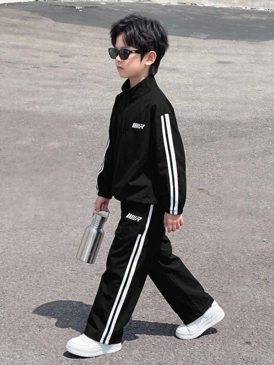 2件組兒童青少年男孩休閒運動寬鬆舒適外套與長褲套裝,黑色,適合秋冬、學校、家庭聚會、開學季、運動、秋季穿搭、冬季穿搭、生日派對 - 黑色 - 查看 1