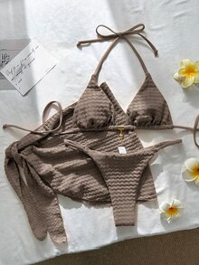Costavie 女款夏季/秋季提花布料優雅掛脖金屬裝飾裙式比基尼3件式泳衣套裝 派對度假巧克力棕性感熱帶風 - 棕色 - 查看 2