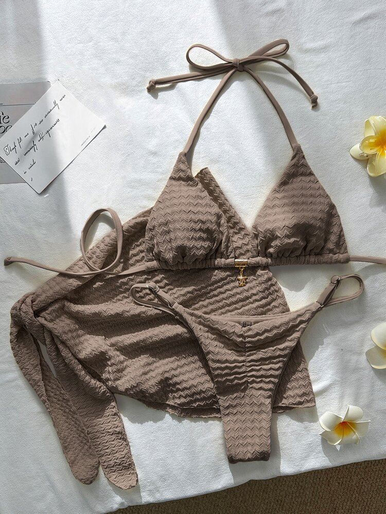 Costavie Women's Summer/Fall Jacquard Fabric Elegant Halter Neck Metal Decor Skirt Bikini 3 Pieces Swimsuit Set Party Vacation Chocolate Brown Sexy Tropical - Brown - View 3