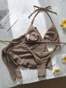 Costavie 女款夏季/秋季提花布料優雅掛脖金屬裝飾裙式比基尼3件式泳衣套裝 派對度假巧克力棕性感熱帶風 - 棕色 - 查看 4