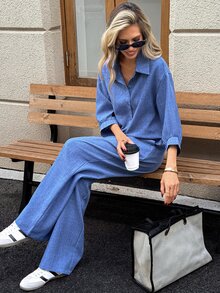 SHEIN LUNE 休閒女款秋季開襟襯衫長褲三件套 旅行藍色 秋冬服飾 2026冬季 工作通勤辦公穿搭 - 藍色 - 查看 5