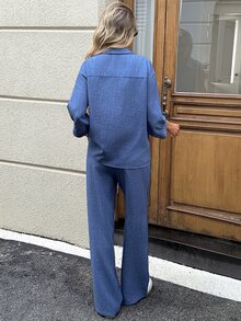 SHEIN LUNE 休閒女款秋季開襟襯衫長褲三件套 旅行藍色 秋冬服飾 2026冬季 工作通勤辦公穿搭 - 藍色 - 查看 3