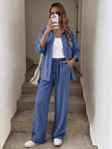 SHEIN LUNE 休閒女款秋季開襟襯衫長褲三件套 旅行藍色 秋冬服飾 2026冬季 工作通勤辦公穿搭 - 藍色 - 查看 6