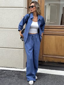SHEIN LUNE 休閒女款秋季開襟襯衫長褲三件套 旅行藍色 秋冬服飾 2026冬季 工作通勤辦公穿搭 - 藍色 - 查看 7
