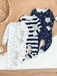 3pcs Baby Boy Soft & Comfortable Striped & Star Print Zipper Jumpsuit, Long Sleeve & Pants Homewear Set - Multicolor - View 2
