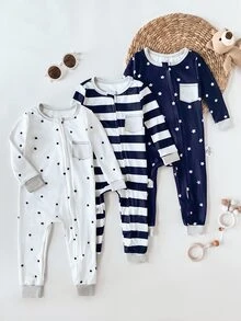 3pcs Baby Boy Soft & Comfortable Striped & Star Print Zipper Jumpsuit, Long Sleeve & Pants Homewear Set - Multicolor - View 7
